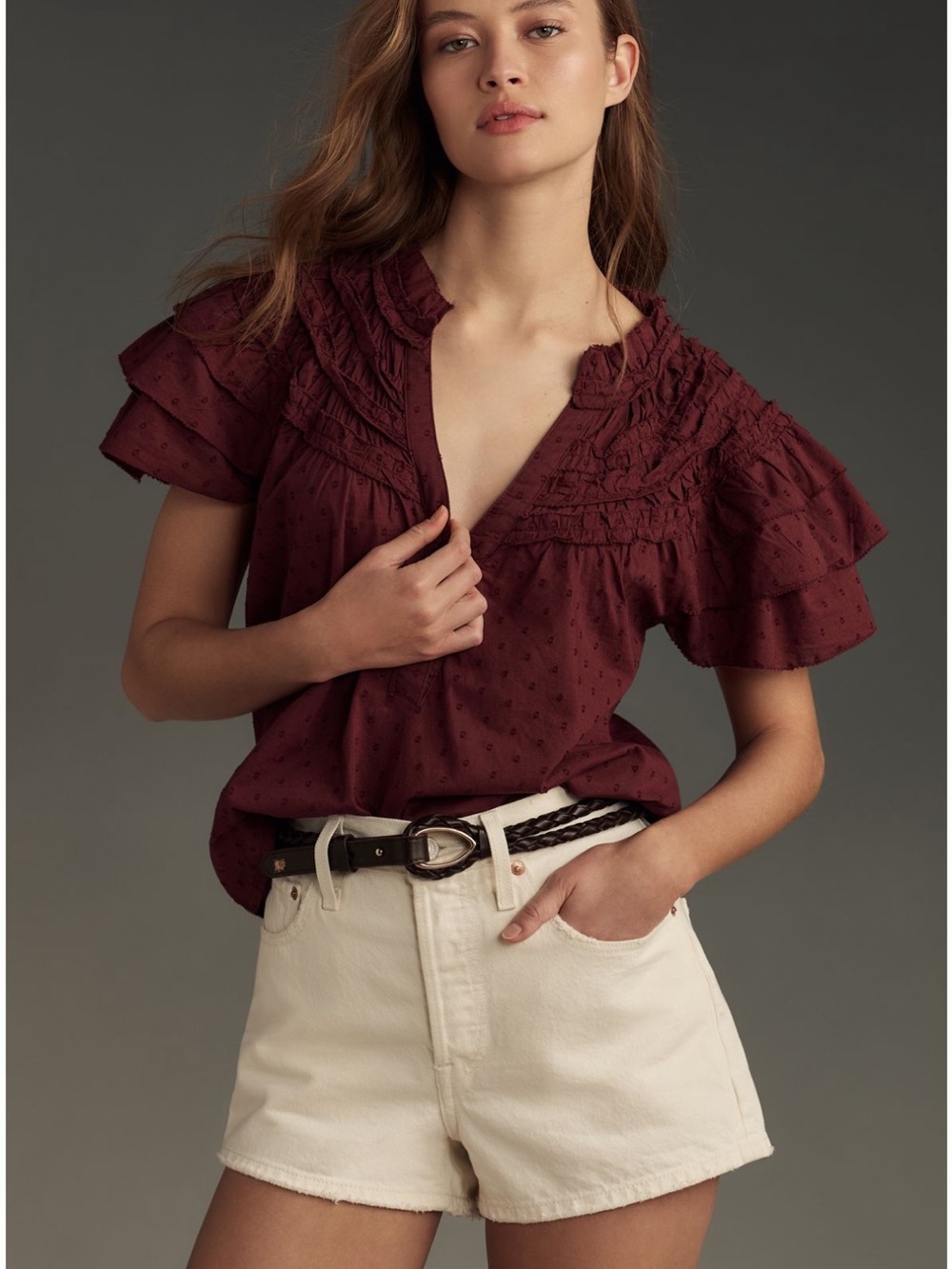 Anthropologie Ruffled V-Neck Blouse in Deep Purple